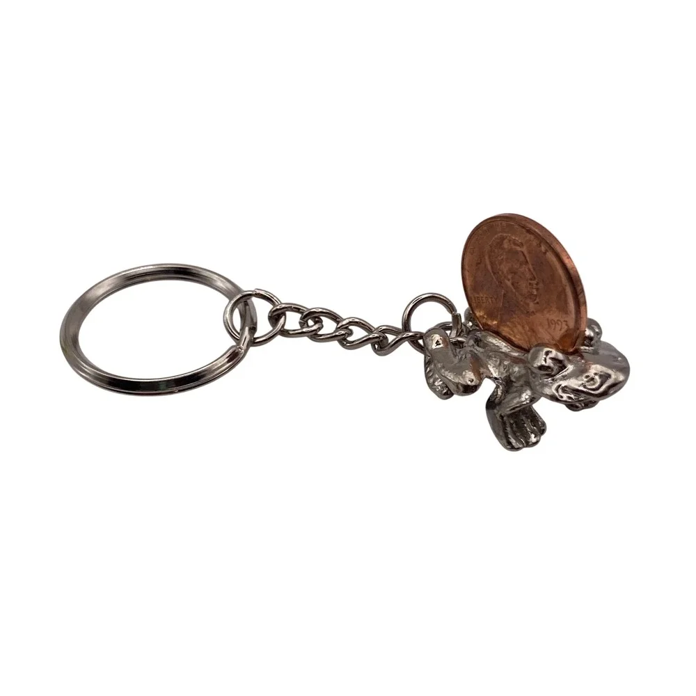 Vintage Pewter Frog Keychain with 1993 Penny Silver Tone Toad Animal Charm